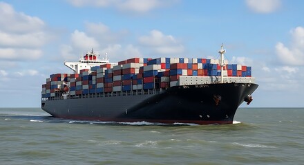 Large cargo ship navigating open water, filled with containers.