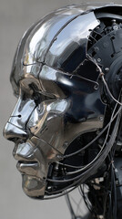 Close-up of futuristic metallic robot head with exposed wires and circuits