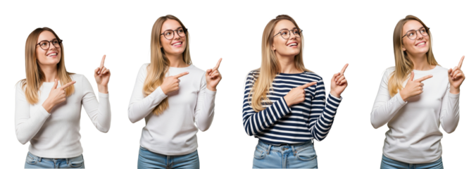 photo of woman pointing, indicating with fingers, directing, transparent background