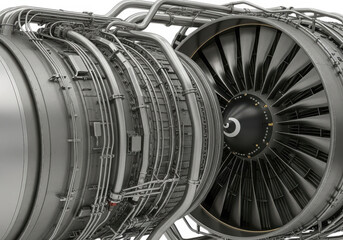 Closeup view of a powerful jet engine with intricate details and fan blades