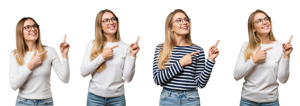 photo of woman pointing, indicating with fingers, directing, transparent background