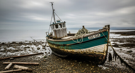 Fototapeta premium Weathered Fishing Boat Stranded on Rocky Shore with Ropes and Cabin.