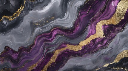 A sleek marble ink composition in shades of slate gray deep purple and metallic gold with bold sweeping veins tracing through the surface