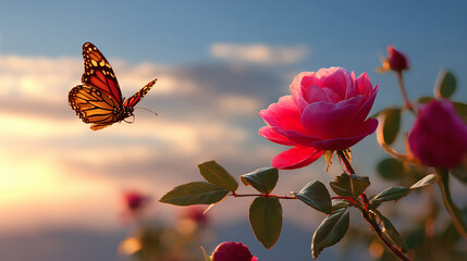Monarch butterfly hovering near blooming pink rose at sunset