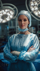 Female surgeon in blue surgical gown and cap standing confidently in operating theater