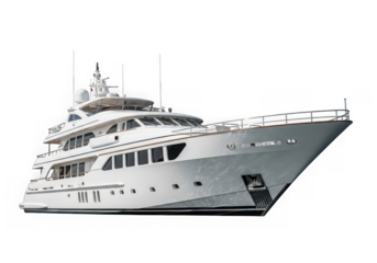 A sleek, modern white luxury yacht is depicted isolated against a transparent background