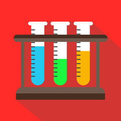 Test tube on the rack on red background with long shadow.