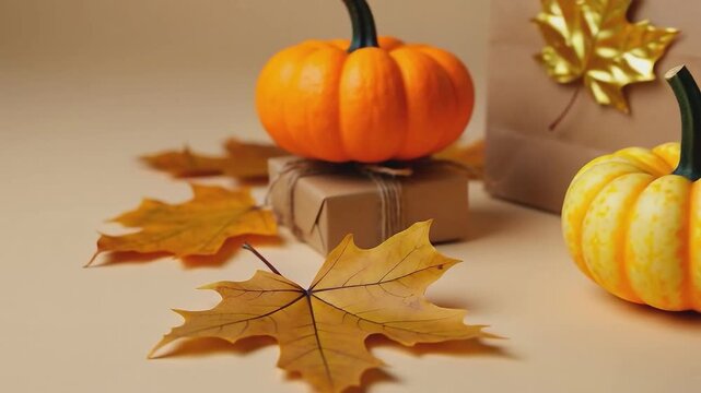 Two decorative pumpkins with golden maple leaf, dry autumn leaves, and a twine-wrapped gift box on a neutral beige background