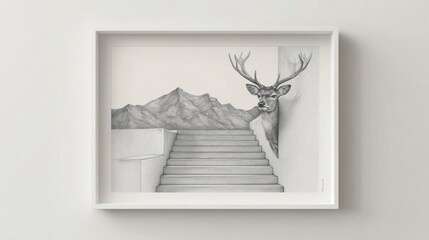 Framed art deer head peering from wall behind stairs leading to a mountain range