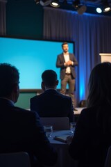 A confident presenter delivering pitch deck to investors at formal business event, spotlight lighting, expression of leadership