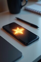 A product photo of smartphone with glowing screen lying on desk beside notebook and stylus, minimal tech vibe