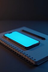 A product photo of smartphone with glowing screen lying on desk beside notebook and stylus, minimal tech vibe
