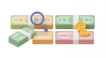 Stylized money stacks with magnifying glass