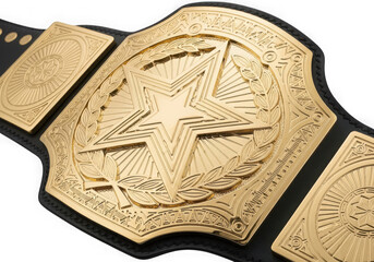 A closeup of a golden championship belt with a prominent star and intricate detailing, isolated on a transparent background