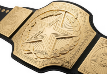 A closeup of a golden championship belt with a prominent star and intricate detailing, isolated on a transparent background