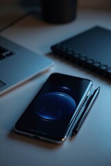 A product photo of smartphone with glowing screen lying on desk beside notebook and stylus, minimal tech vibe