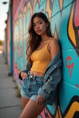 A fashion-forward model posing beside graffiti wall in casual streetwear, afternoon light, urban edge