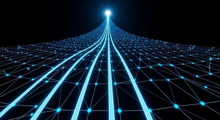 Abstract digital network converging to a single point of light, representing connection, data flow, and technological advancement.