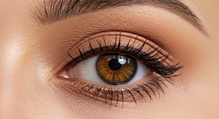 Fototapeta premium Close-up of a warm brown human eye with long lashes and light brown eye shadow