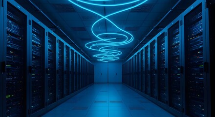 Visualization Concept of Internet of Things, Data Flow, Modern Data Technology Center Server Racks in Dark Room with VFX. Digitalization of Internet Traffic. Complex Electric Equipment Warehouse. Ai