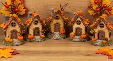 Five tiny autumn-themed houses atop a wooden surface, adorned with leaves and pumpkins