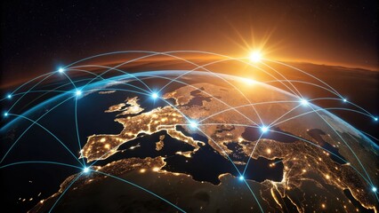 Global network connections illuminate Earth at sunrise, symbolizing seamless worldwide communication and digital reach