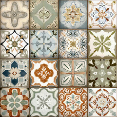 Achieve a charming bohemian look with this eclectic patchwork of decorative ceramic tiles, featuring various Mediterranean and floral patterns for a unique wall.
