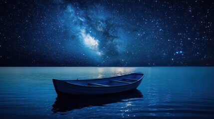 Tranquil night seascape featuring a small boat under the starry sky