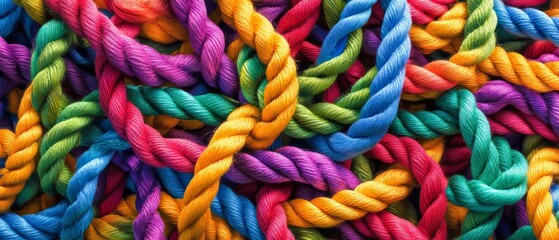 A vibrant and chaotic tangle of colored ropes, representing the complexity of thoughts and emotions, capturing the essence of confusion and the intricate nature of the thought process