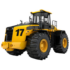 Fototapeta premium Vibrant Yellow Construction Vehicle Set Against a stark Black Background