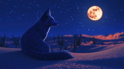 A fox is sitting on the sand in front of a large moon