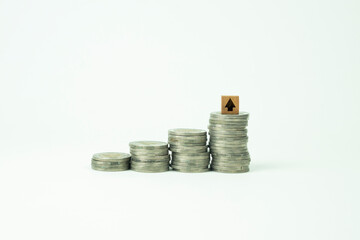 Coin stack growth up isolated on white background. money saving, financial grow, business, economy budget and investment concept.