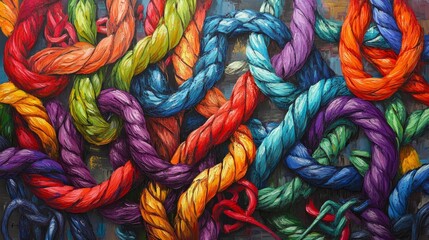 A vibrant and chaotic tangle of colored ropes, representing the complexity of thoughts and emotions, capturing the essence of confusion and the intricate nature of the thought process