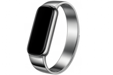 Sleek metallic smartwatch displaying minimalist interface, resting against transparent backdrop with clean, contemporary aesthetic
