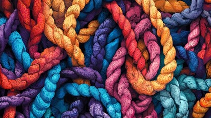 A vibrant and chaotic tangle of colored ropes, representing the complexity of thoughts and emotions, capturing the essence of confusion and the intricate nature of the thought process