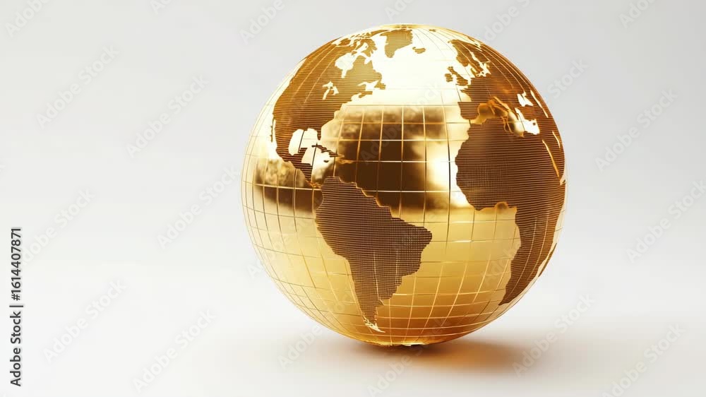 Poster glossy golden 3d earth model with high-tech grid overlay on white background, visualizing innovation