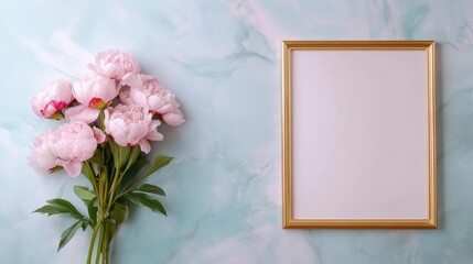 Obraz premium Hanging frame with delicate peonies and soft pastel wall tones