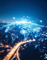 Image of Global network, city lights, world map printed on Printed Glass Splashbacks