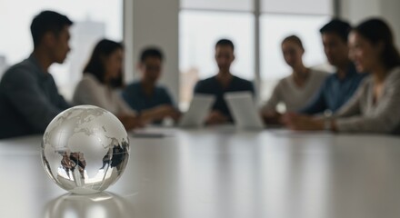Focus on glass globe; blurry office meeting with diverse professionals; white table and backdrop