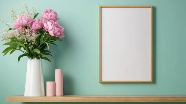 Hanging frame with delicate peonies and soft pastel wall tones