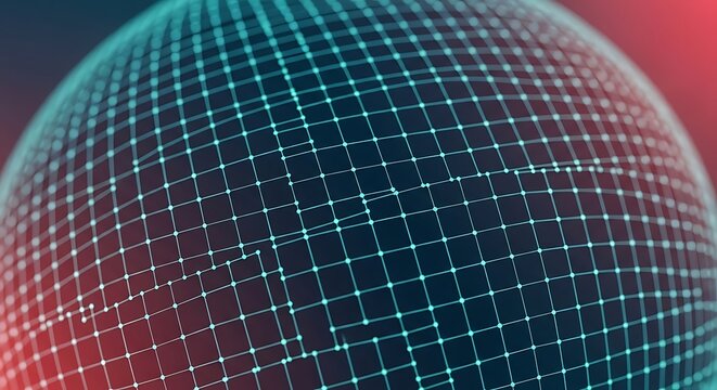 Abstract sphere of interconnected nodes, glowing teal and red, representing global network. - Powered by Adobe