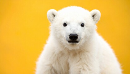 a close-up photo of a cute and adorable baby polar bear on a yellow background