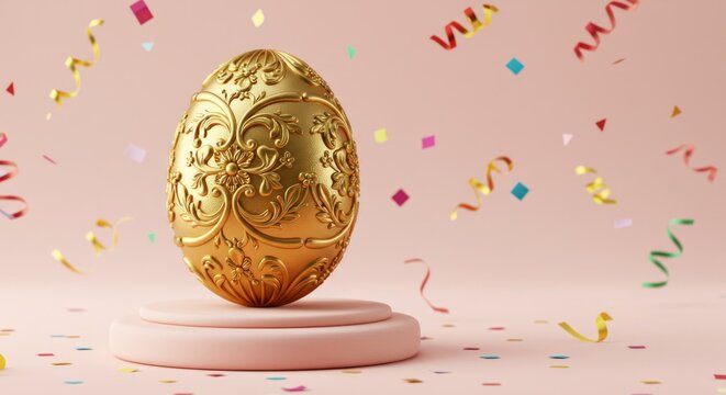 Golden ornate egg on pink pedestal with falling confetti, Easter celebration