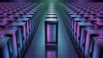 Rows of illuminated server racks in a data center room