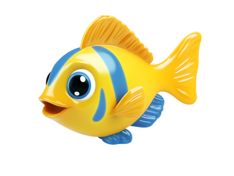 Cute cartoon yellow fish with blue stripes isolated on transparent background