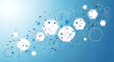 Abstract illustration featuring interconnected hexagonal shapes and connected spheres on a gradient blue background.