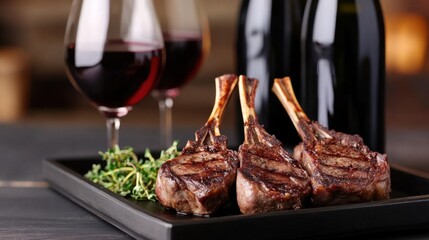 Lamb chops resting beside a bottle and glass of wine, served on a smoky black tray