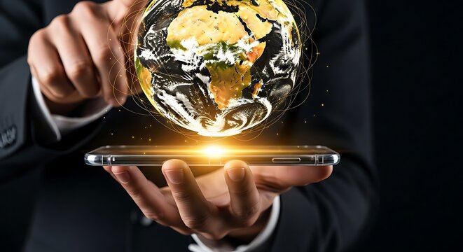 A person in a suit holds a smartphone with a digital globe floating above it.