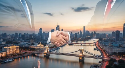 Businessmen shaking hands, symbolizing a global partnership against a backdrop of London and a modern city skyline at sunset.