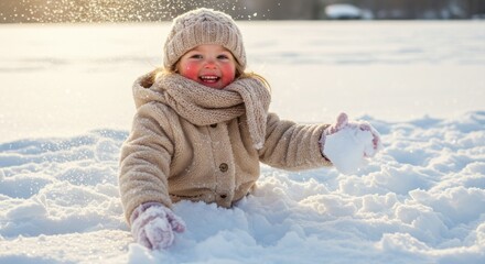 A rosy-cheeked toddler, bundled in a beige coat and knit hat, sits happily in deep snow, holding a small snowball.  Sunlight glints off the snow, creating a joyful winter scene